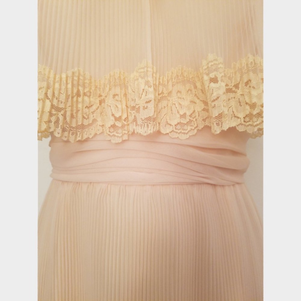Vtg 70s Nude Blush Chiffon Lace Tiered Gown Dress - Picture 3 of 7